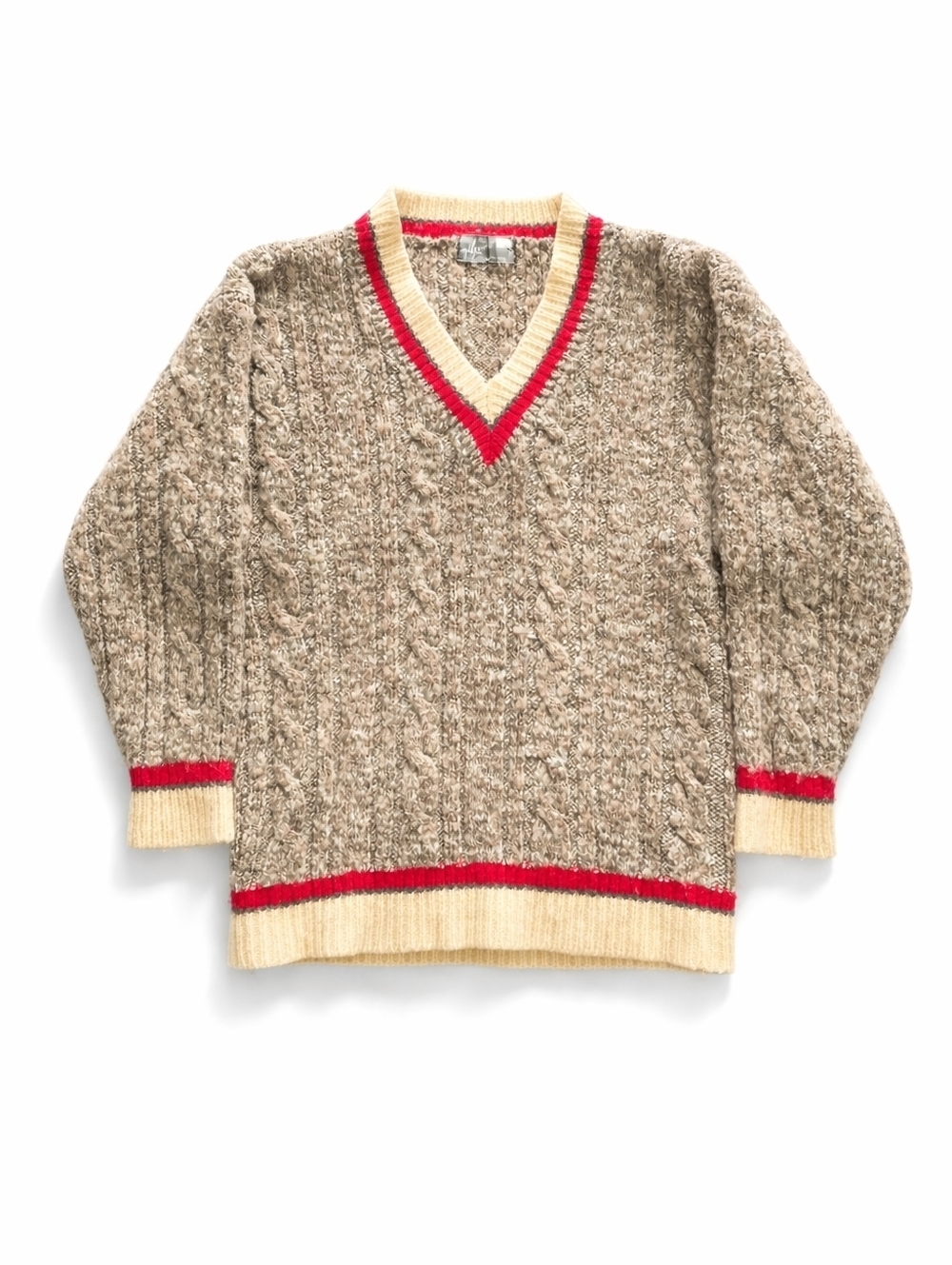 Agneau Vintage Lambswool Tan Cable-Knit V-Neck Sweater with Red Trim Size M